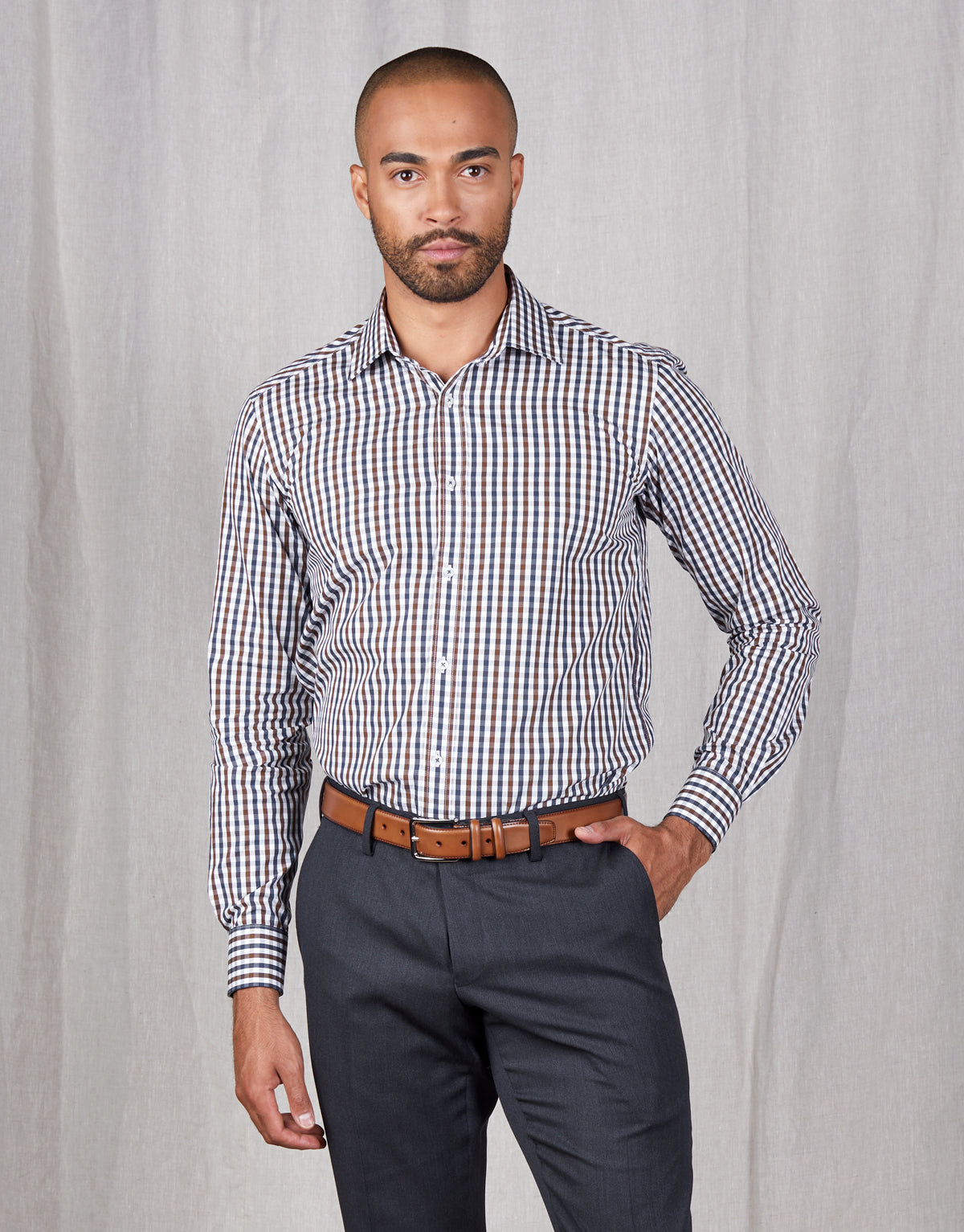 London Brown Navy & White Check Shirt