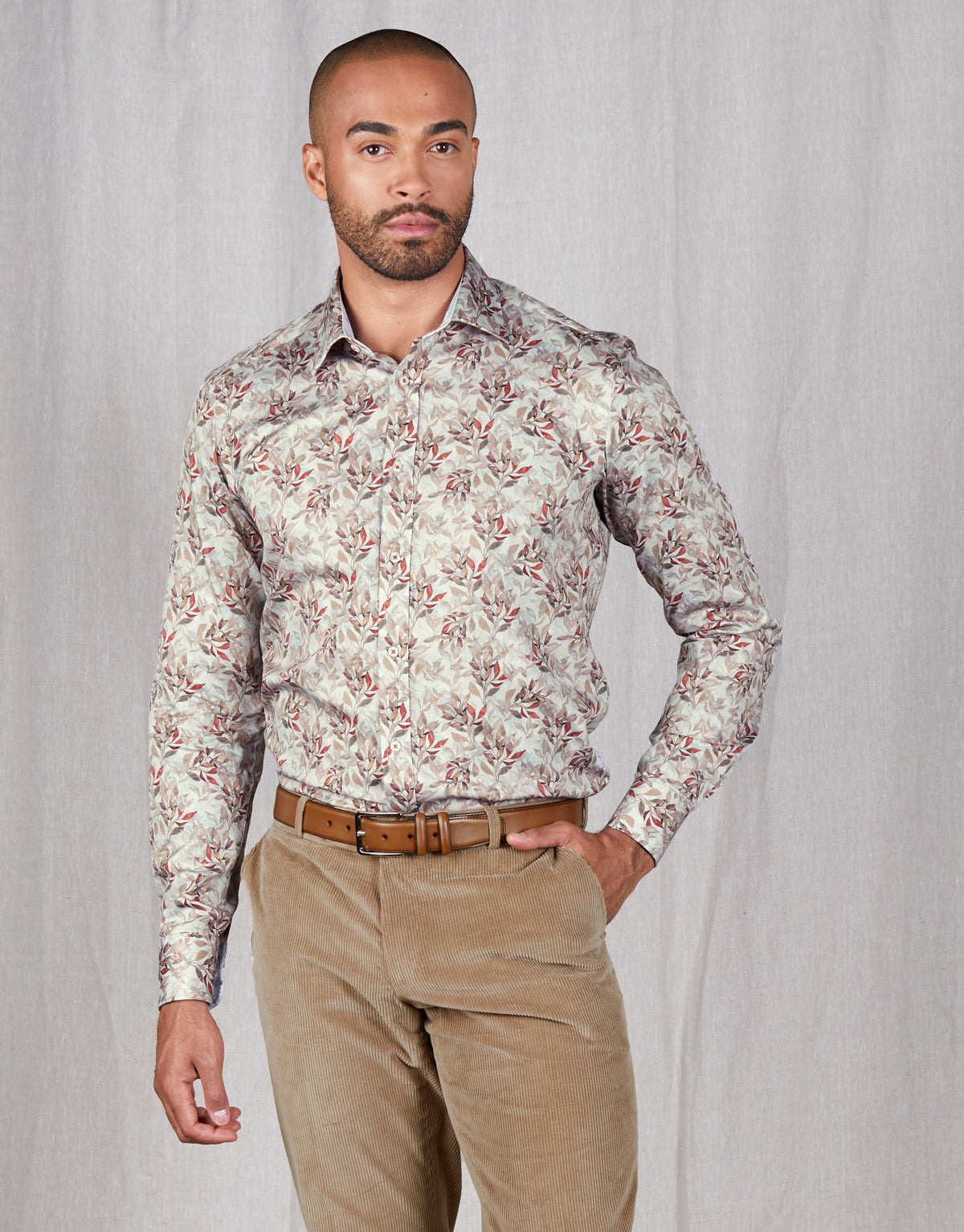 Barbican Beige & Red Leaf Print Shirt