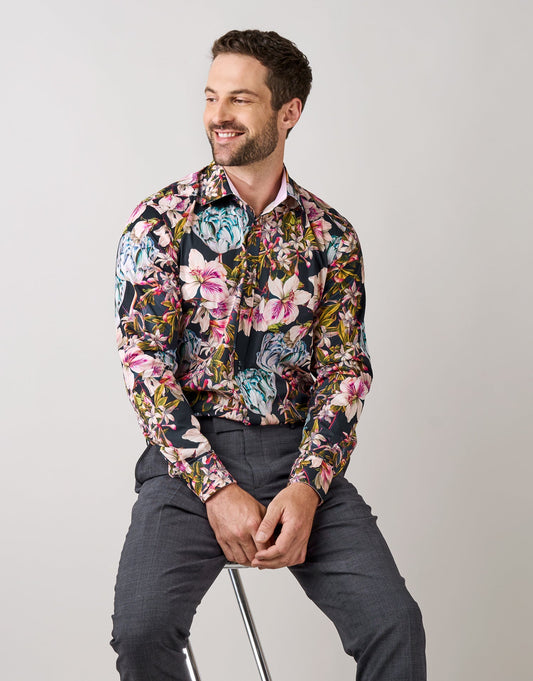 Barbican Navy Large Floral Print Shirt